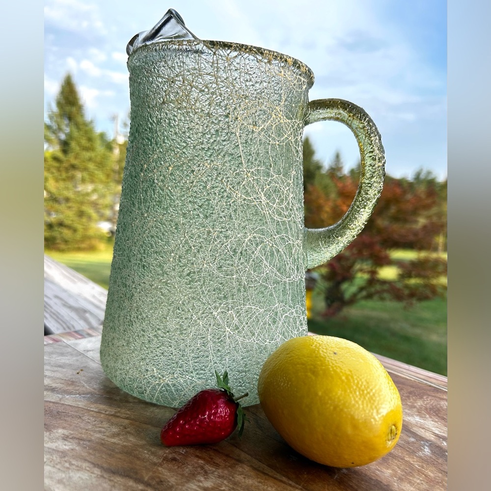 Vintage MCM Spaghetti String Glass Pitcher Green Plastic Wrap
White Drizzle